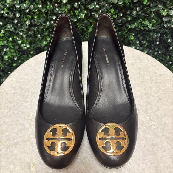 Tory Burch Chelsea pumps low block heel gold hardware black leather size 7 - Picture 3 of 10